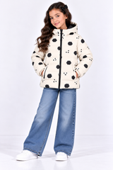 Girls Cream Black Cloud Print Hooded Puffer Jacket