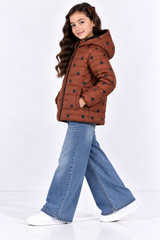 Girls Brown Polka Dot Hooded Puffer Jacket