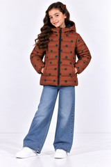 Girls Brown Polka Dot Hooded Puffer Jacket