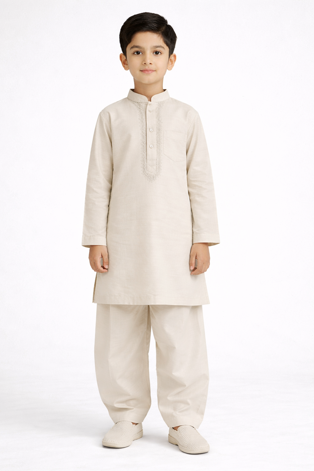 Boys Light Beige Embroidered Kurta Pajama Set