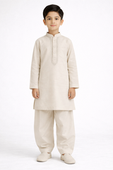 Boys Light Beige Embroidered Kurta Pajama Set