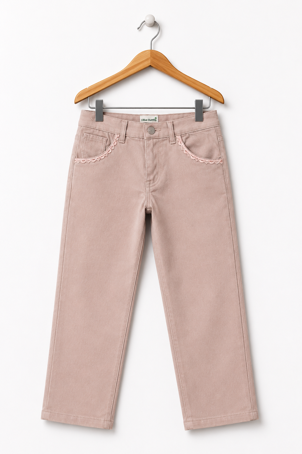Girls Dusty Pink Cotton Pants with Lace Pocket