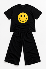 Smiley Face Black Drop-Shoulder T-Shirt &amp; Baggy Pants Set