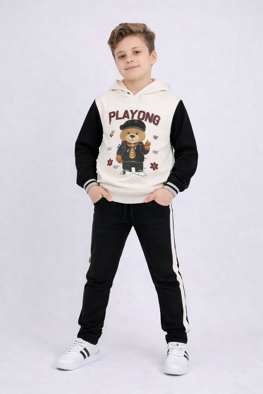 Kids Street Style Bear Hoodie &amp; Track Pant Set – Black &amp; White