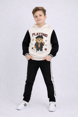 Kids Street Style Bear Hoodie &amp; Track Pant Set – Black &amp; White
