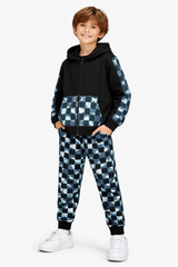 Stylish Black Hoodie and Jogger Set with Blue Checkered Accents For Boys