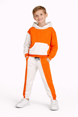 Bold & Bright  Colorblock Hoodie Set – Orange & White Drop Shoulder
