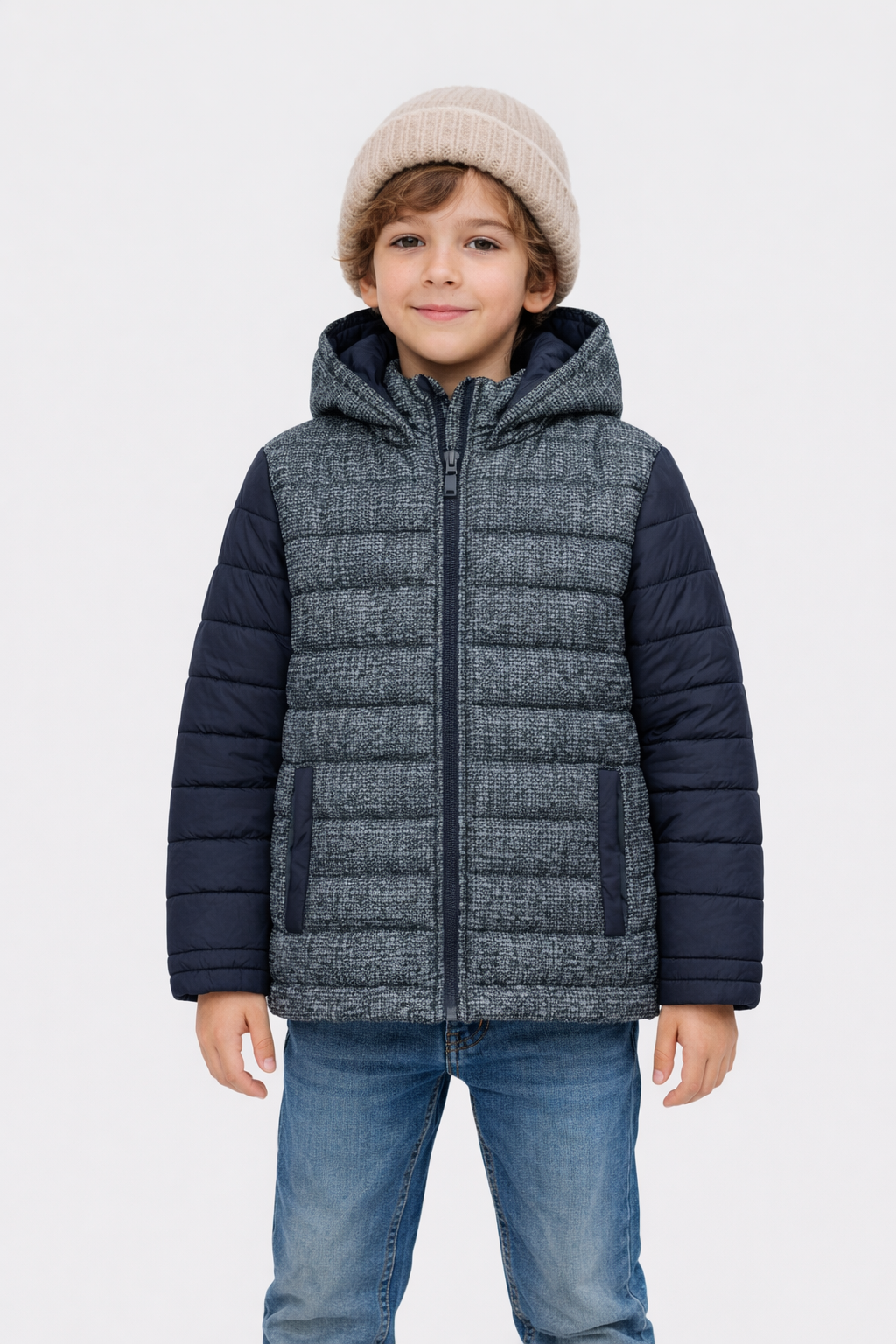 Kid's Contrast Quilted &amp; Heathered Puffer Jacket with Hood