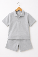 Light Grey Textured Polo and Shorts Set