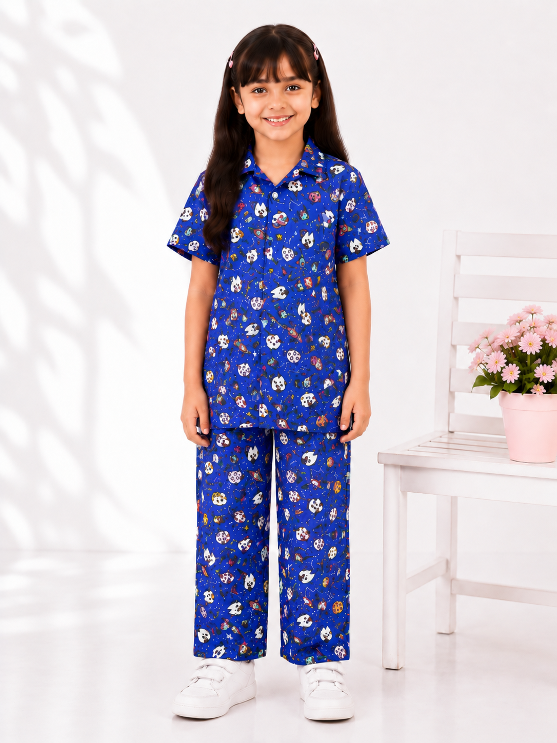 Girls Space Adventure Co-Ord Set – Blue Printed Shirt  Trouser