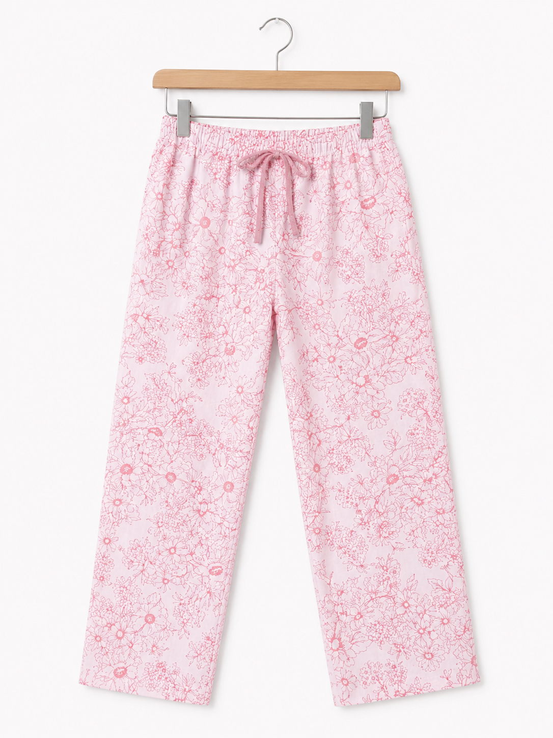 Girls Pink Floral Cotton Pants with Elastic Waist