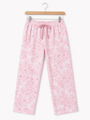Girls Pink Floral Cotton Pants with Elastic Waist