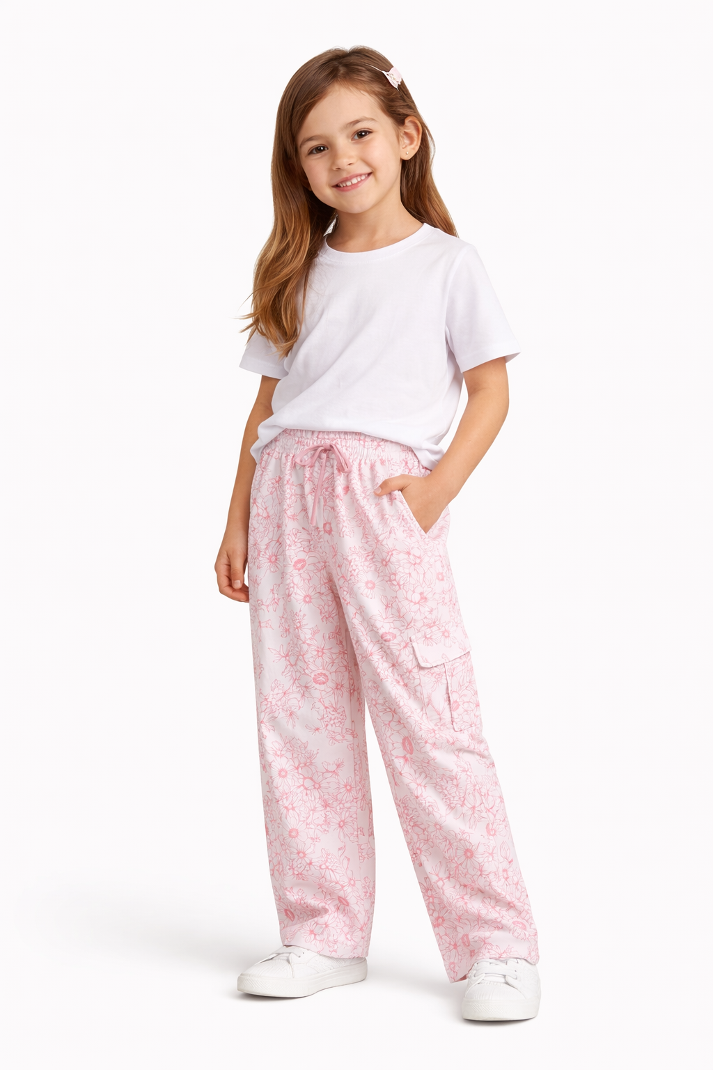 Girls Pink Floral Cotton Pants with Elastic Waist