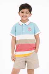 Kids Multicolor Striped Cotton Polo Shirt with Embroidered Badge