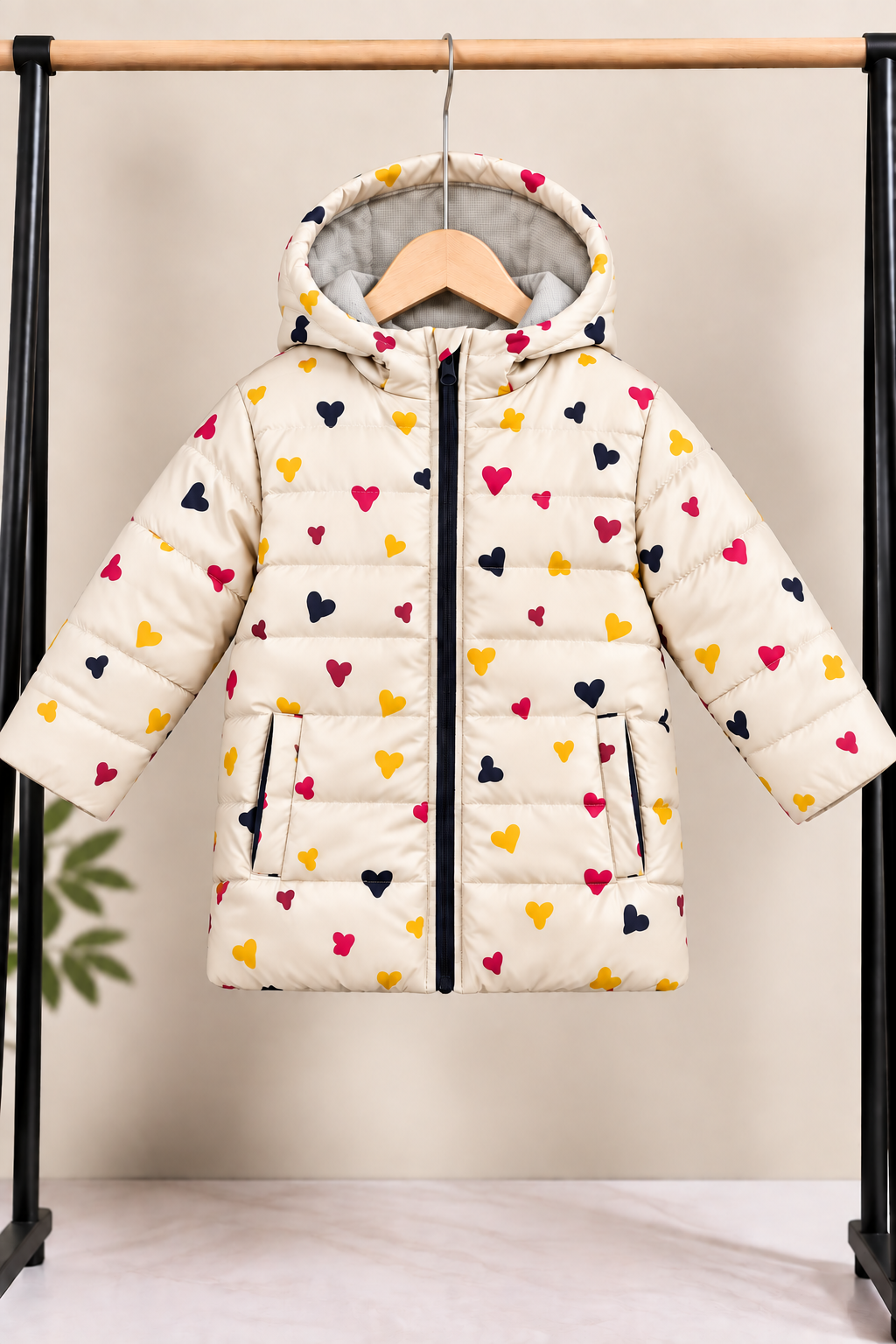 Girls Cream Multicolor Heart Print Hooded Puffer Jacket