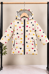Girls Cream Multicolor Heart Print Hooded Puffer Jacket