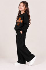 Kids Black Basketball Printed Sweatshirt &amp; Wide-Leg Trouser Set