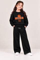 Kids Black Basketball Printed Sweatshirt &amp; Wide-Leg Trouser Set