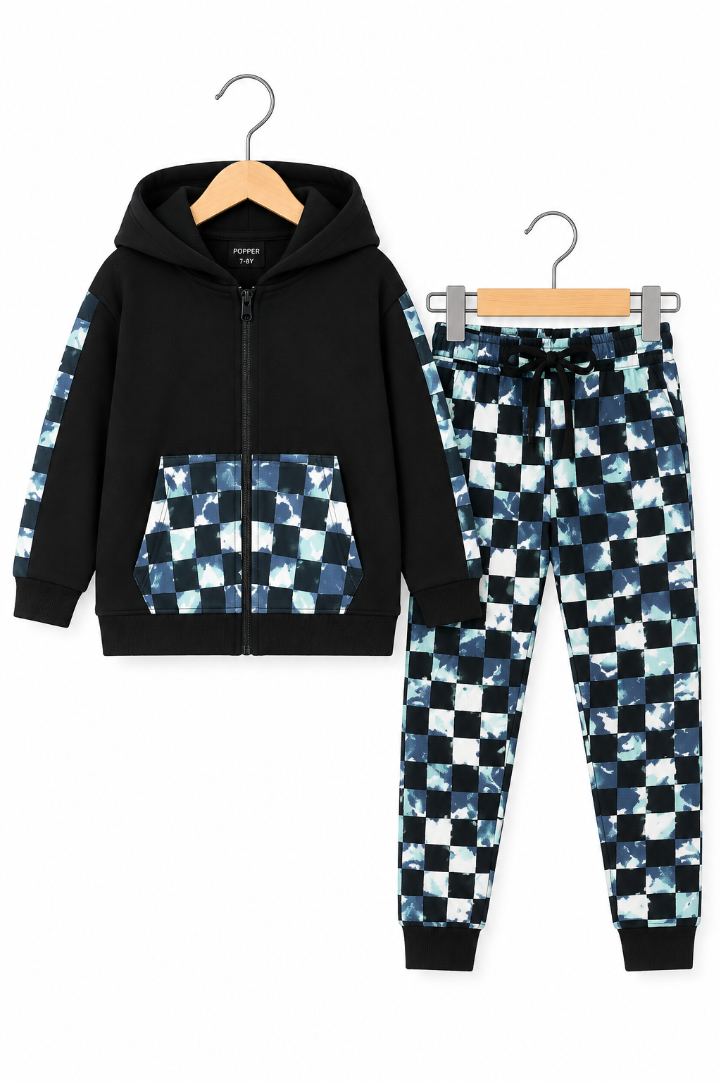 Stylish Black Hoodie and Jogger Set with Blue Checkered Accents For Boys