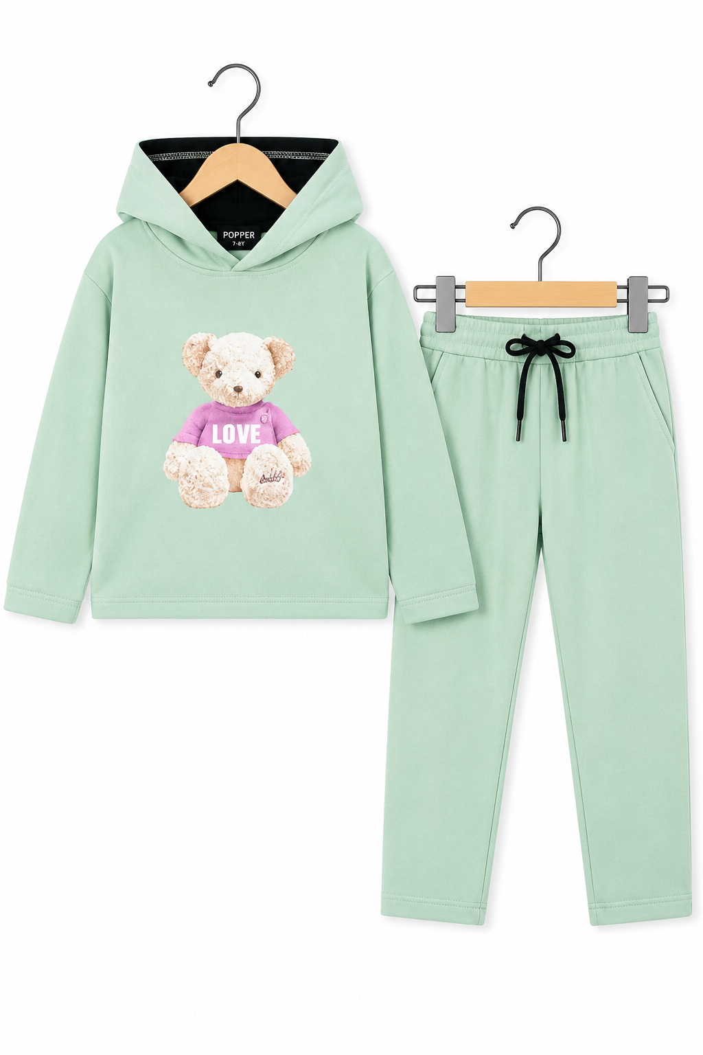 Minty Bear Love ' Hoodie Set – Soft Green with Teddy Print