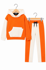 Bold & Bright  Colorblock Hoodie Set – Orange & White Drop Shoulder
