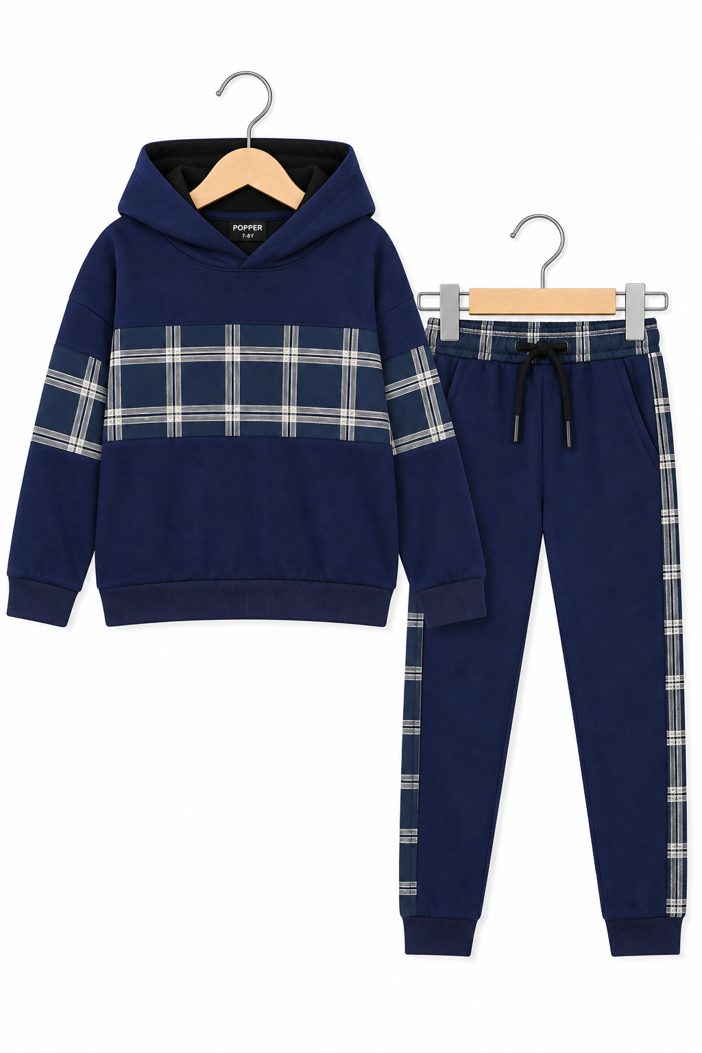 Boys Navy Grid Stripe Hoodie & Jogger Set