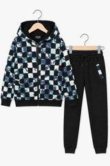 Boys Tie-Dye Checkerboard Zip Hoodie & Jogger Set – Black & Mint
