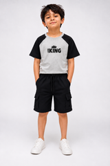 Kids Grey & Black Raglan with king T-Shirt and Black Cargo Shorts Set | Casual Summer Outfit
