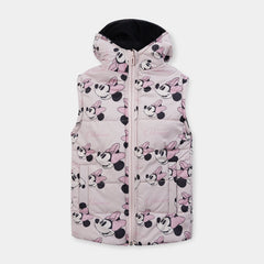 Girls Premium Quality All-Over Minnie Mouse Printed Sleeveless Puffer Zipper Hoodie Jacket