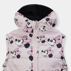 Girls Premium Quality All-Over Minnie Mouse Printed Sleeveless Puffer Zipper Hoodie Jacket