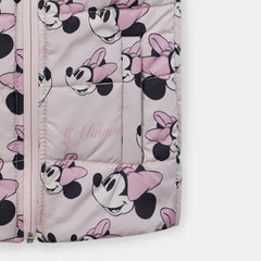 Girls Premium Quality All-Over Minnie Mouse Printed Sleeveless Puffer Zipper Hoodie Jacket