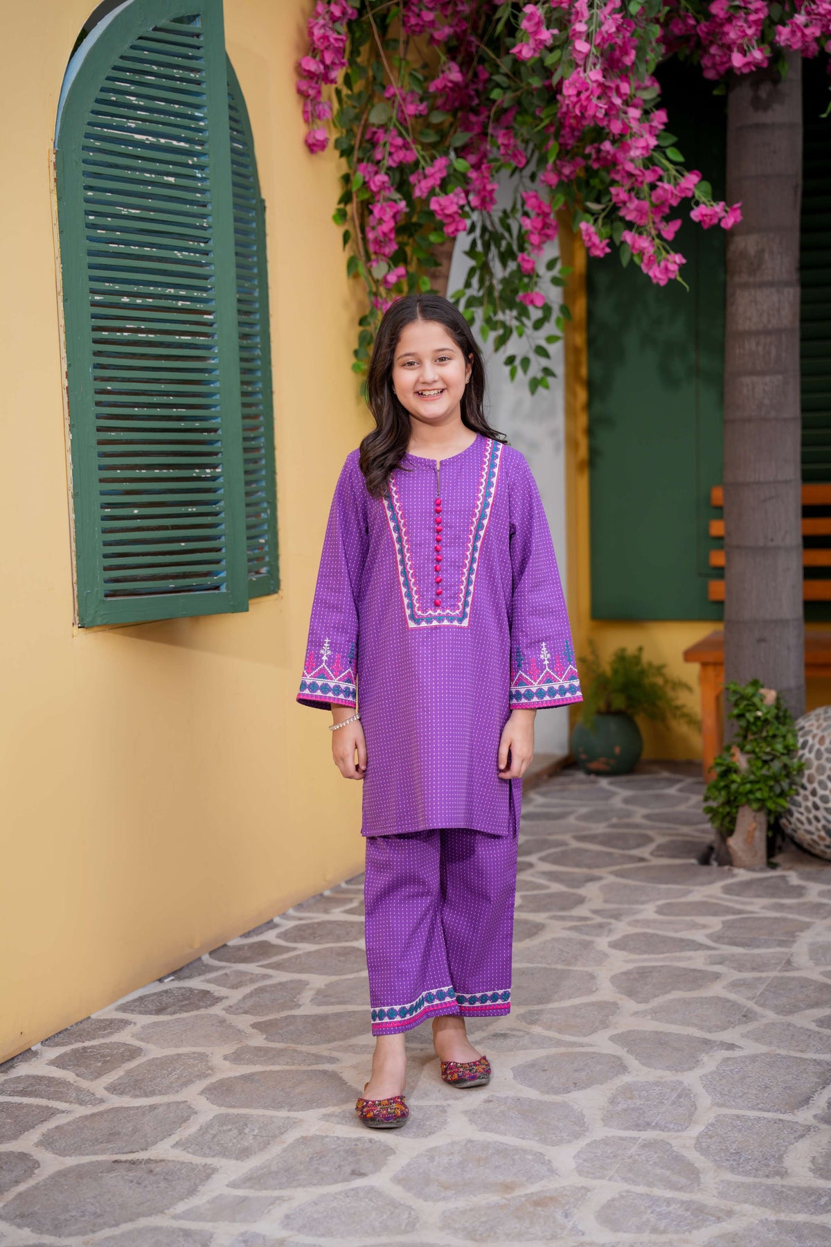 Purple Printed Girls Kurta Trouser Set