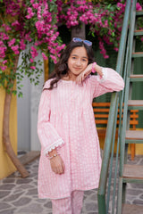 Pastel Pink Textured Girls Kurta Trouser Set