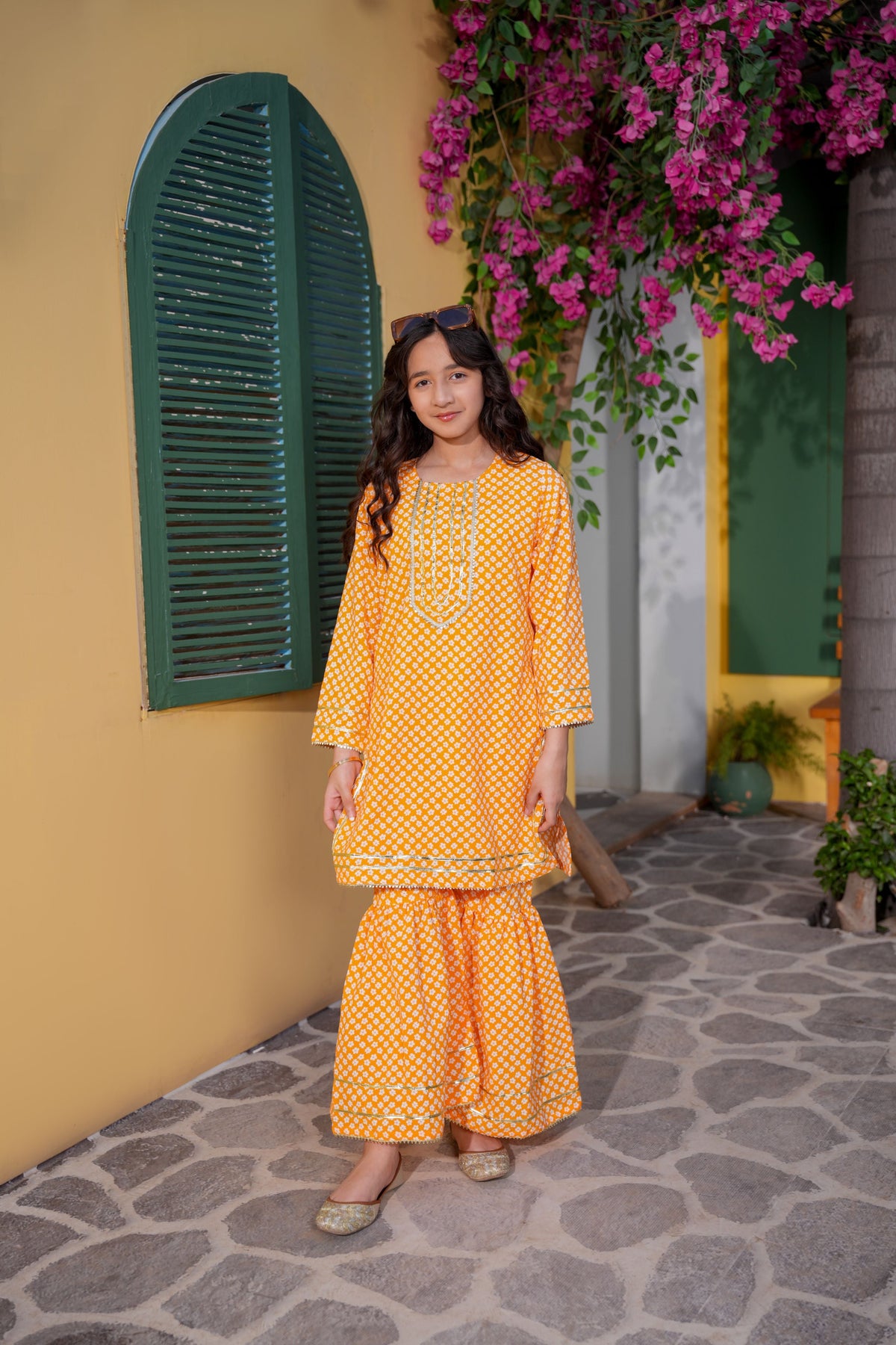 Mustard Printed Girls Kurta Sharara Set