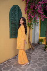 Mustard Printed Girls Kurta Sharara Set