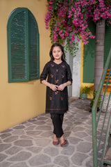 Black Embroidered Girls Kurta Trouser Set