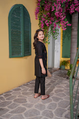 Black Embroidered Girls Kurta Trouser Set