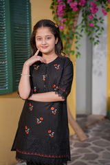 Black Embroidered Girls Kurta Trouser Set