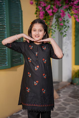 Black Embroidered Girls Kurta Trouser Set