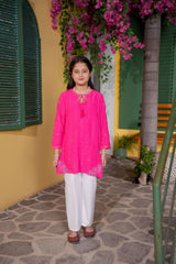 Hot Pink Embroidered Girls Kurta with White Trouser