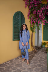 Elegant Blue Embroidered Girls Kurta Trouser Set