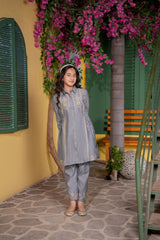 Grey Embroidered Girls Kurta Trouser Set