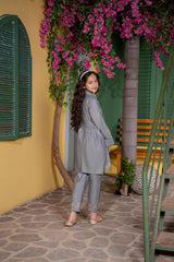 Grey Embroidered Girls Kurta Trouser Set