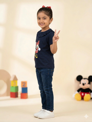 Girls' Navy Blue Minnie Mouse Ruffle Neck Cotton T-Shirt