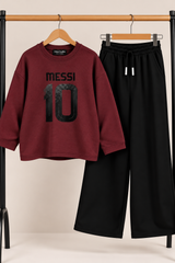 Girls Maroon Messi 10 Printed Sweatshirt & Black Wide-Leg Trouser Set