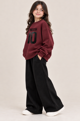 Girls Maroon Messi 10 Printed Sweatshirt & Black Wide-Leg Trouser Set