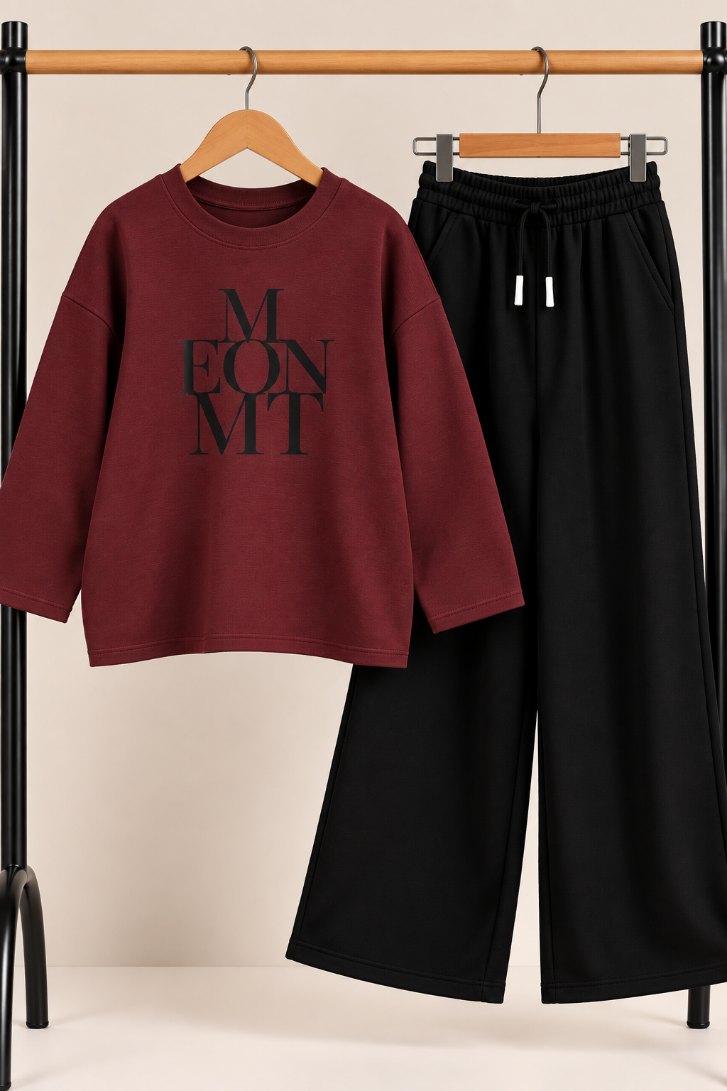 Girls Burgundy M EON MT Printed Oversized Sweatshirt & Black Wide-Leg Trouser Set
