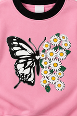 Pink Butterfly & Daisy Printed Sweatshirt with Black Trouser Set