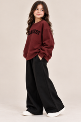 Girls Burgundy DEAREST Printed Sweatshirt & Black Wide-Leg Trouser Set