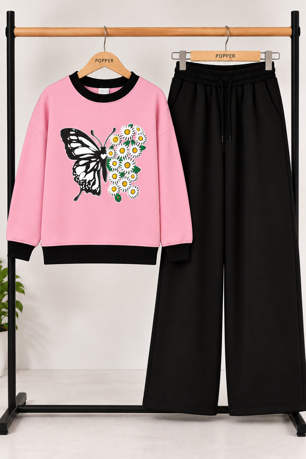 Pink Butterfly & Daisy Printed Sweatshirt with Black Trouser Set